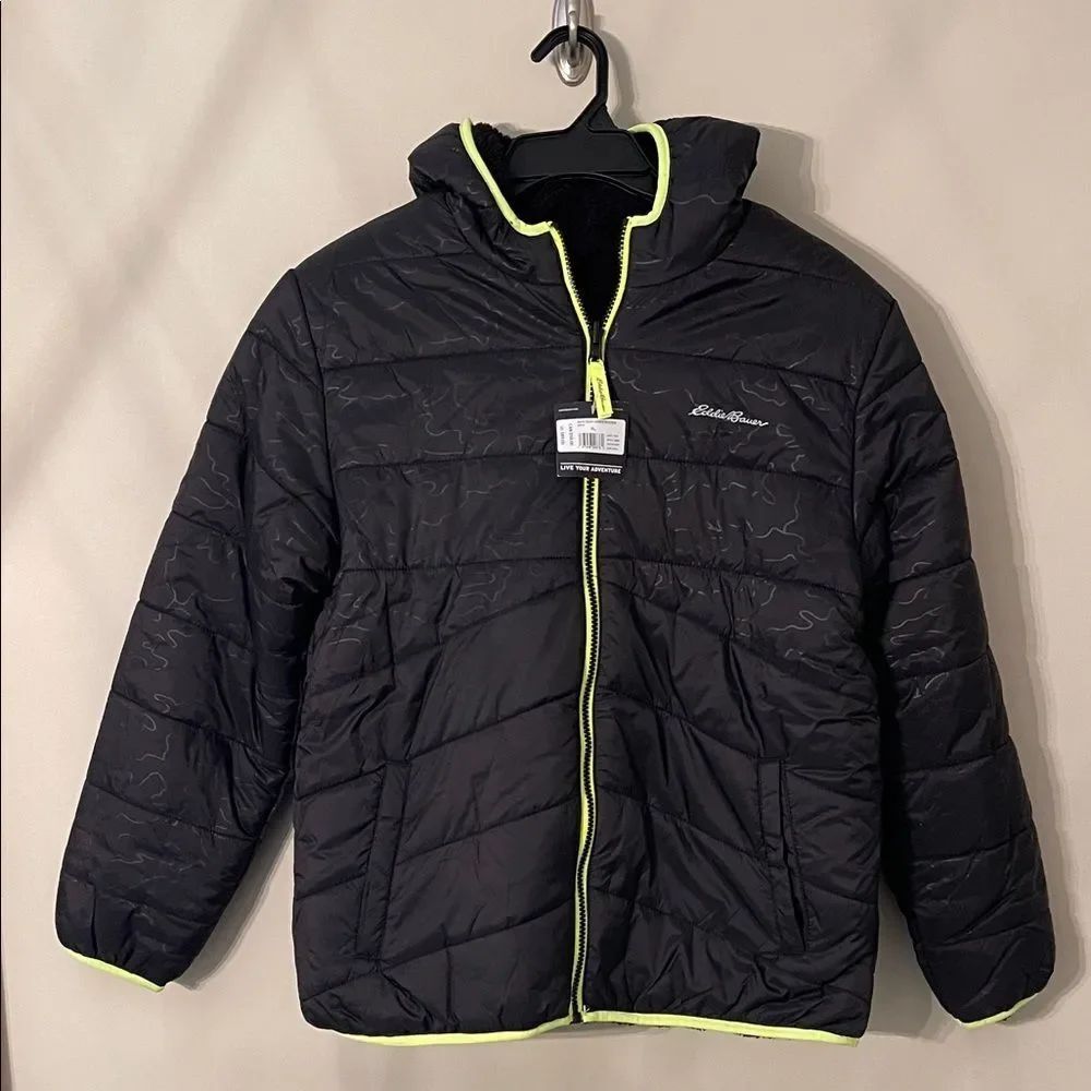 Eddie Bauer Boys Deer Harbor Reversible Black Puffer Jacket Neon Highlights NWT